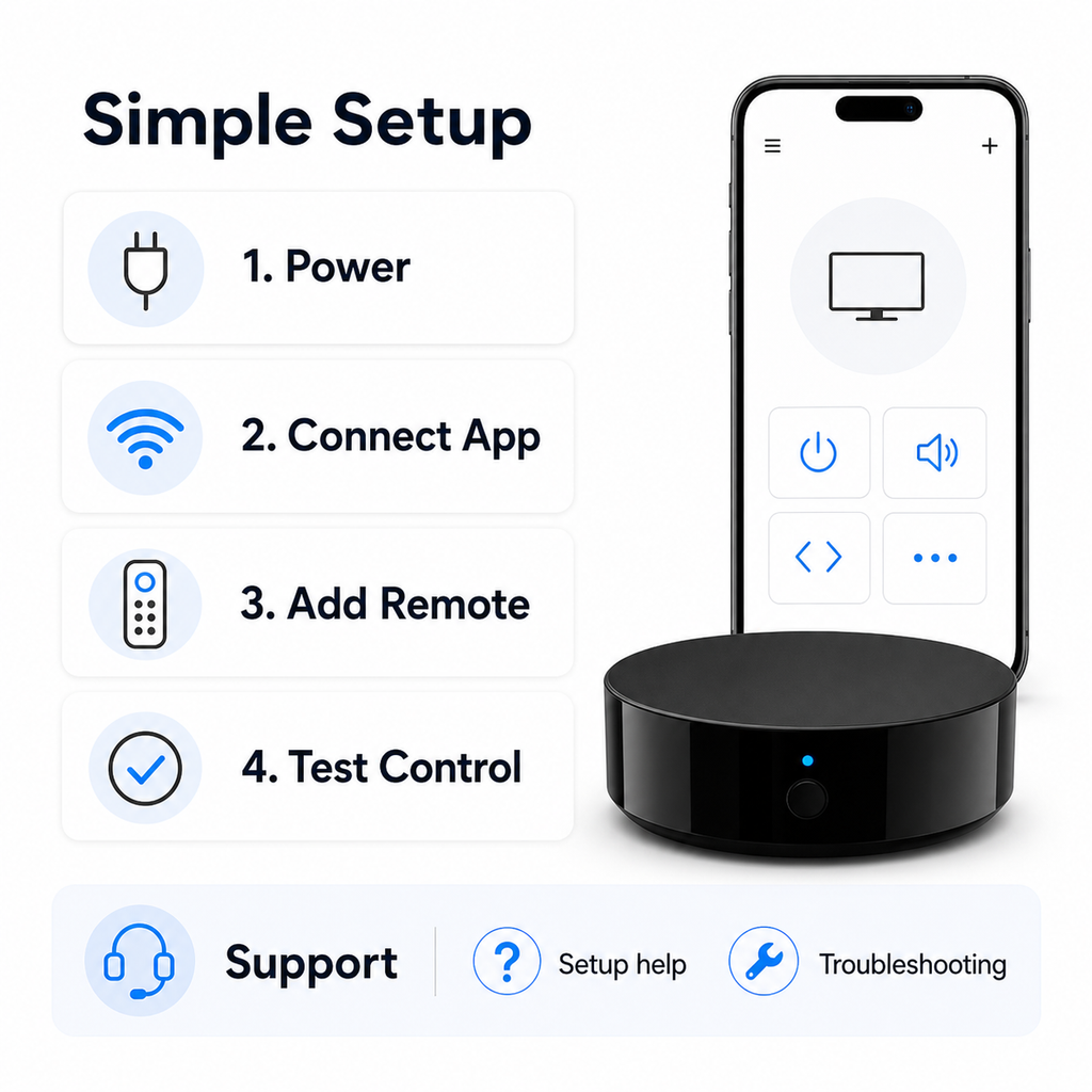 Quick setup and support steps for WiFi IR remote hub