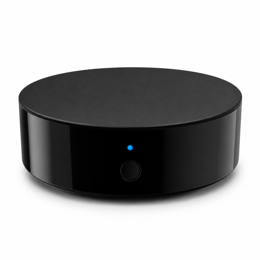 Angled studio packshot of compact black WiFi IR remote hub