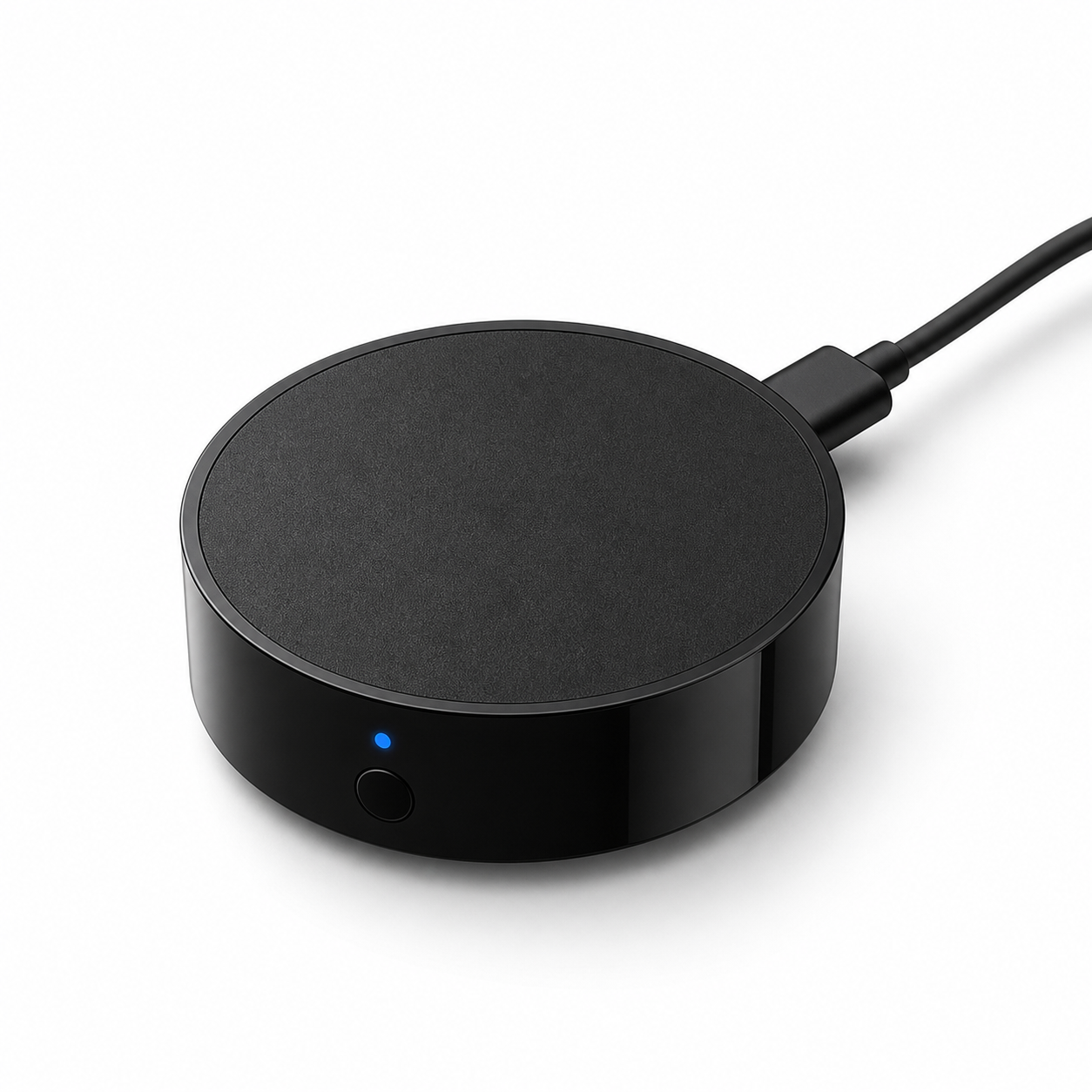 Telecommande IR Wi-Fi noire ronde avec cable alimentation sur fond blanc