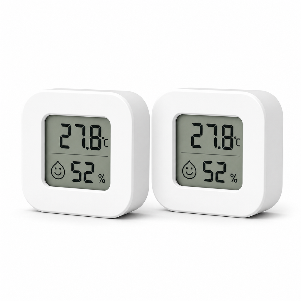 Lot de 2 capteurs ZigBee température humidité LCD sur fond blanc studio