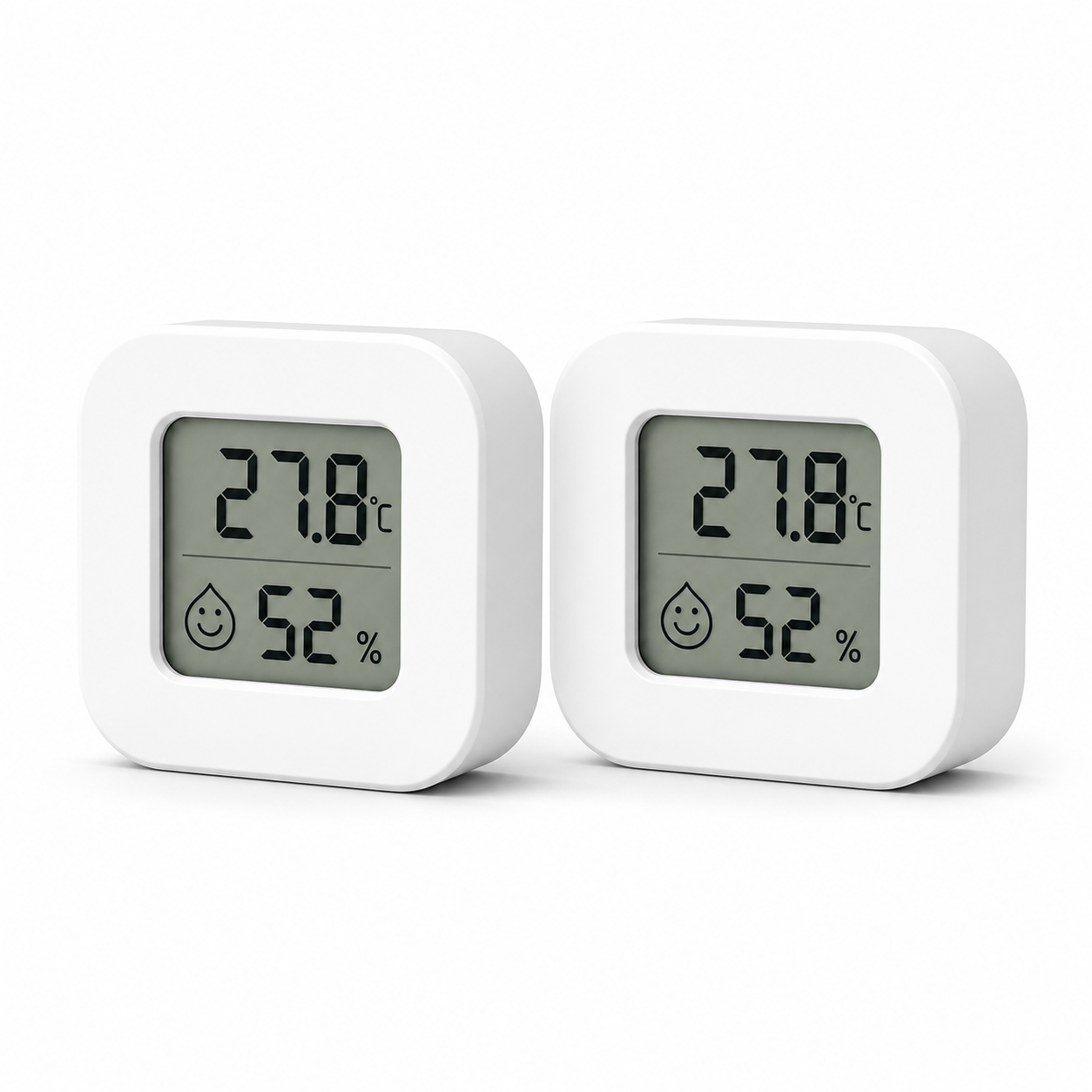 Lot de 2 capteurs ZigBee température humidité LCD sur fond blanc studio