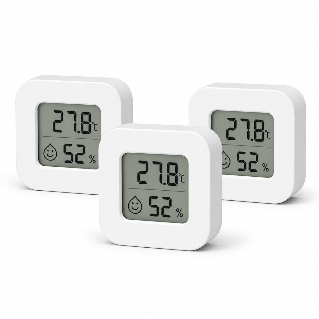 Lot de 3 capteurs ZigBee température humidité LCD sur fond blanc studio