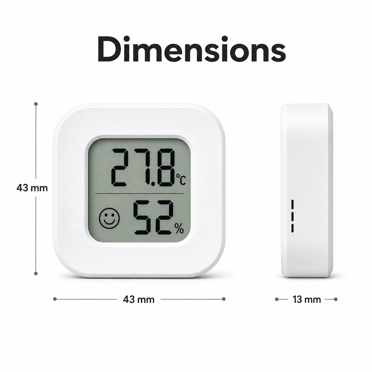 Technical dimensions of compact LCD temperature and humidity sensor