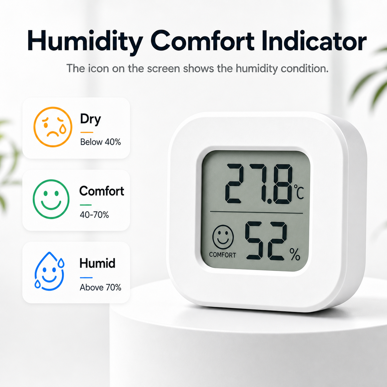 Humidity comfort indicator icons on LCD temperature and humidity sensor