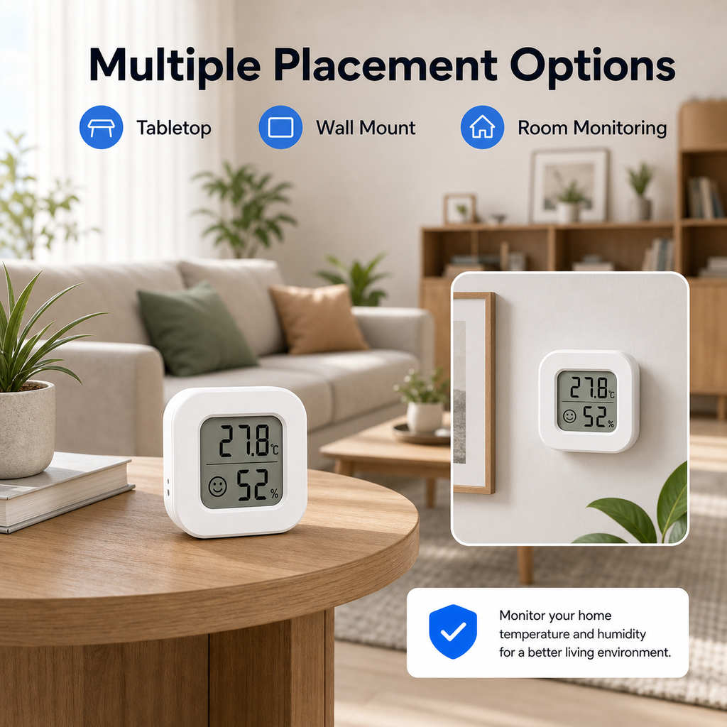 Multiple placement options for LCD temperature and humidity sensor