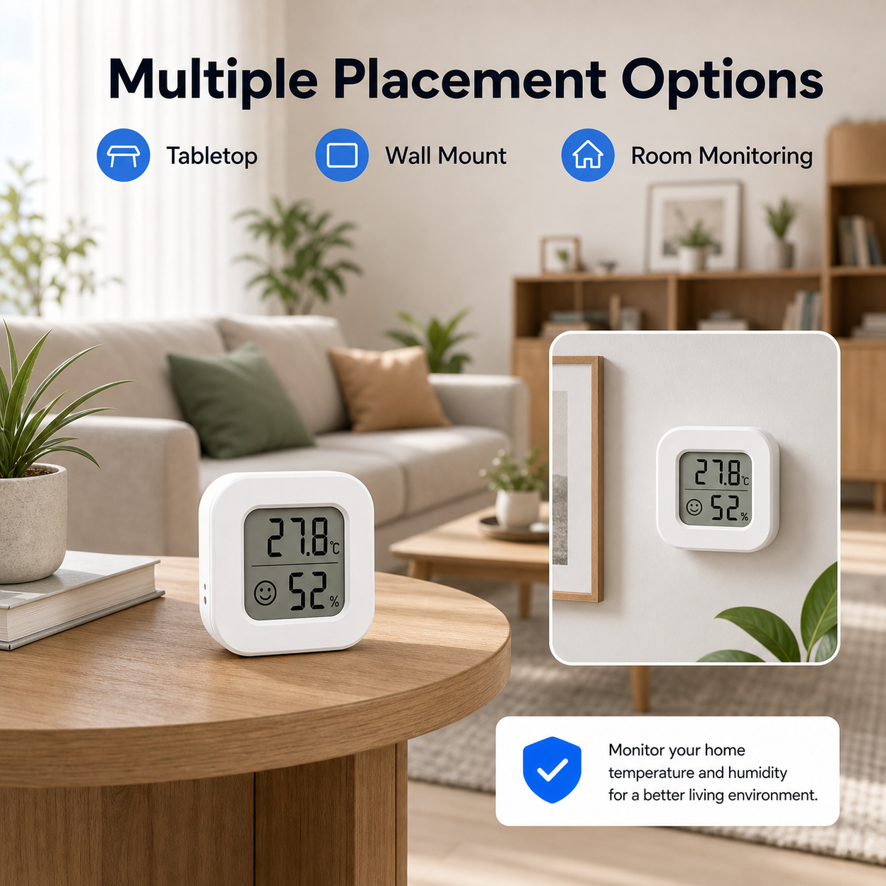 Multiple placement options for LCD temperature and humidity sensor