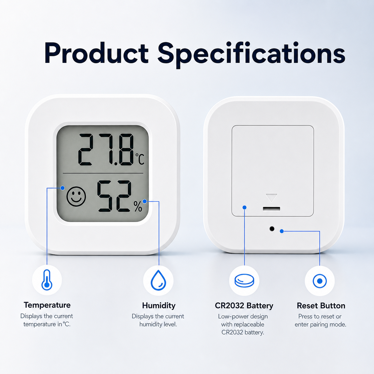 Product specifications for LCD temperature and humidity sensor with rear view