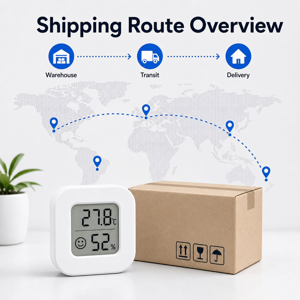 Shipping route overview with LCD temperature and humidity sensor