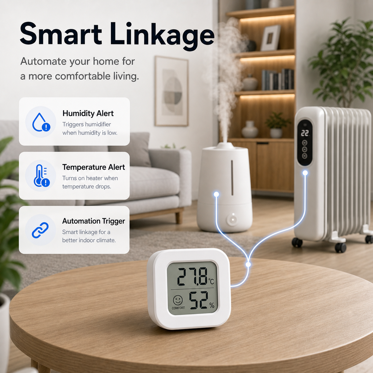 Smart linkage automation scene for indoor temperature and humidity sensor