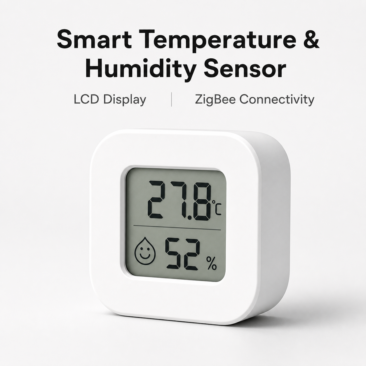 Studio packshot of ZigBee LCD temperature and humidity sensor