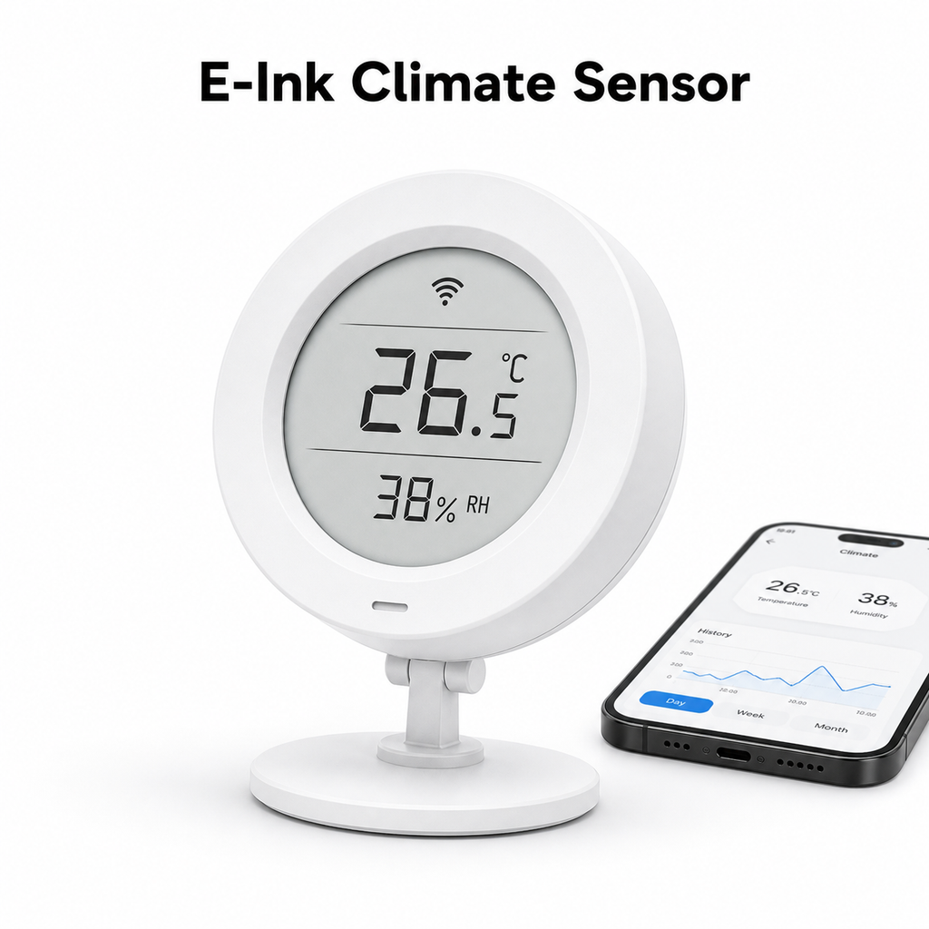 Studio packshot of white E-Ink ZigBee temperature and humidity sensor
