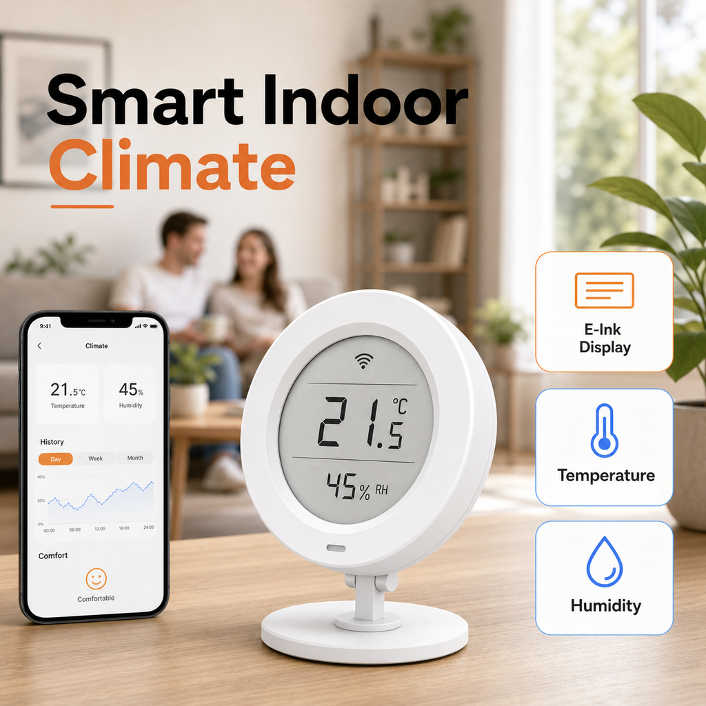 Smart indoor climate scene with E-Ink temperature and humidity sensor