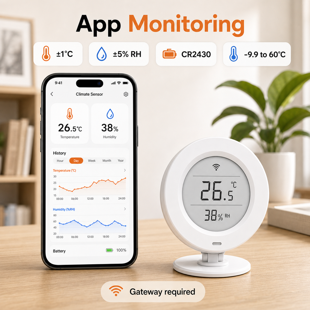App monitoring screen for E-Ink temperature and humidity sensor with gateway note