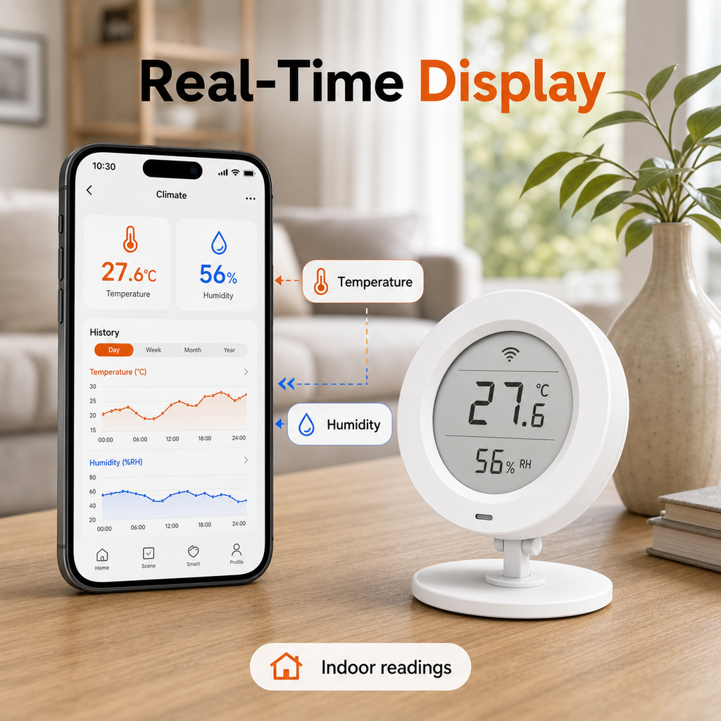 Real-time temperature and humidity display on E-Ink climate sensor and app