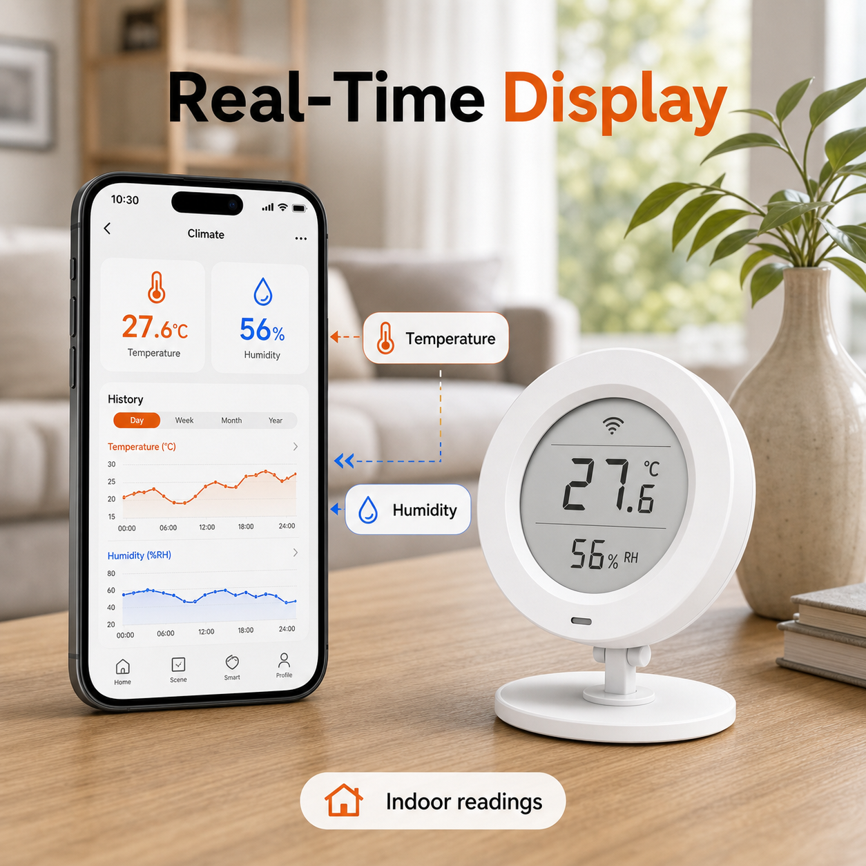 Real-time temperature and humidity display on E-Ink climate sensor and app