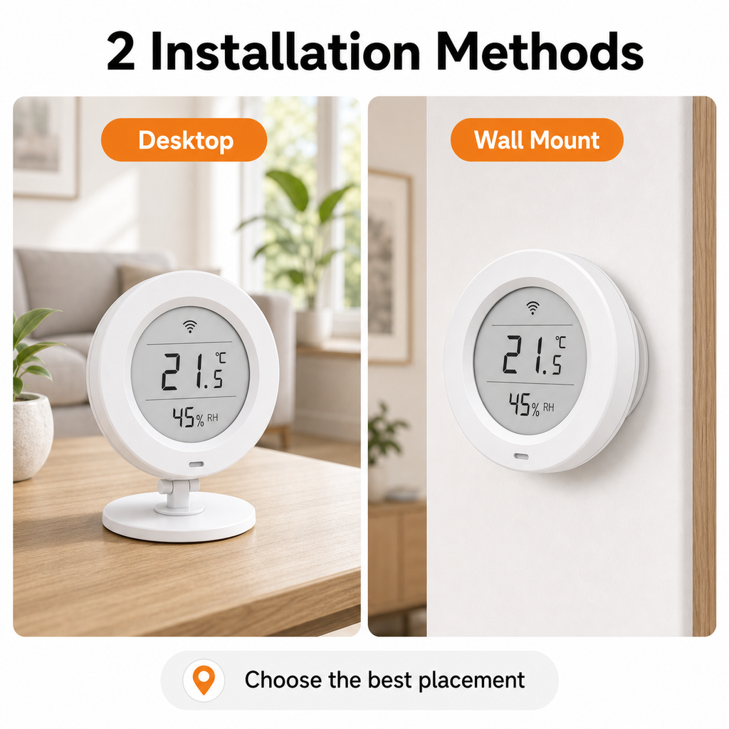 Desktop and wall mount installation methods for E-Ink climate sensor