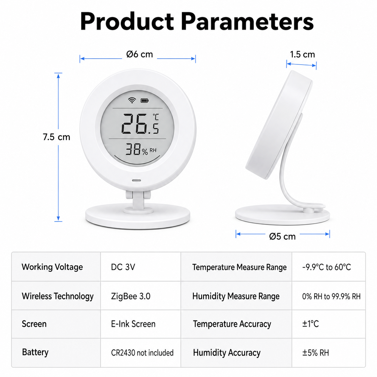 Product parameters and dimensions for E-Ink ZigBee temperature and humidity sensor