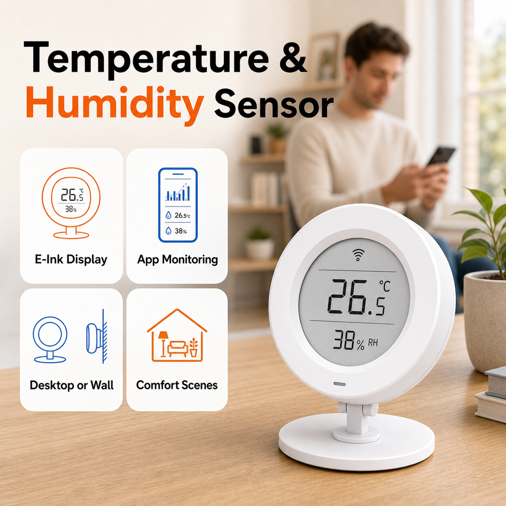 Key features of E-Ink temperature and humidity sensor with app monitoring and comfort scenes