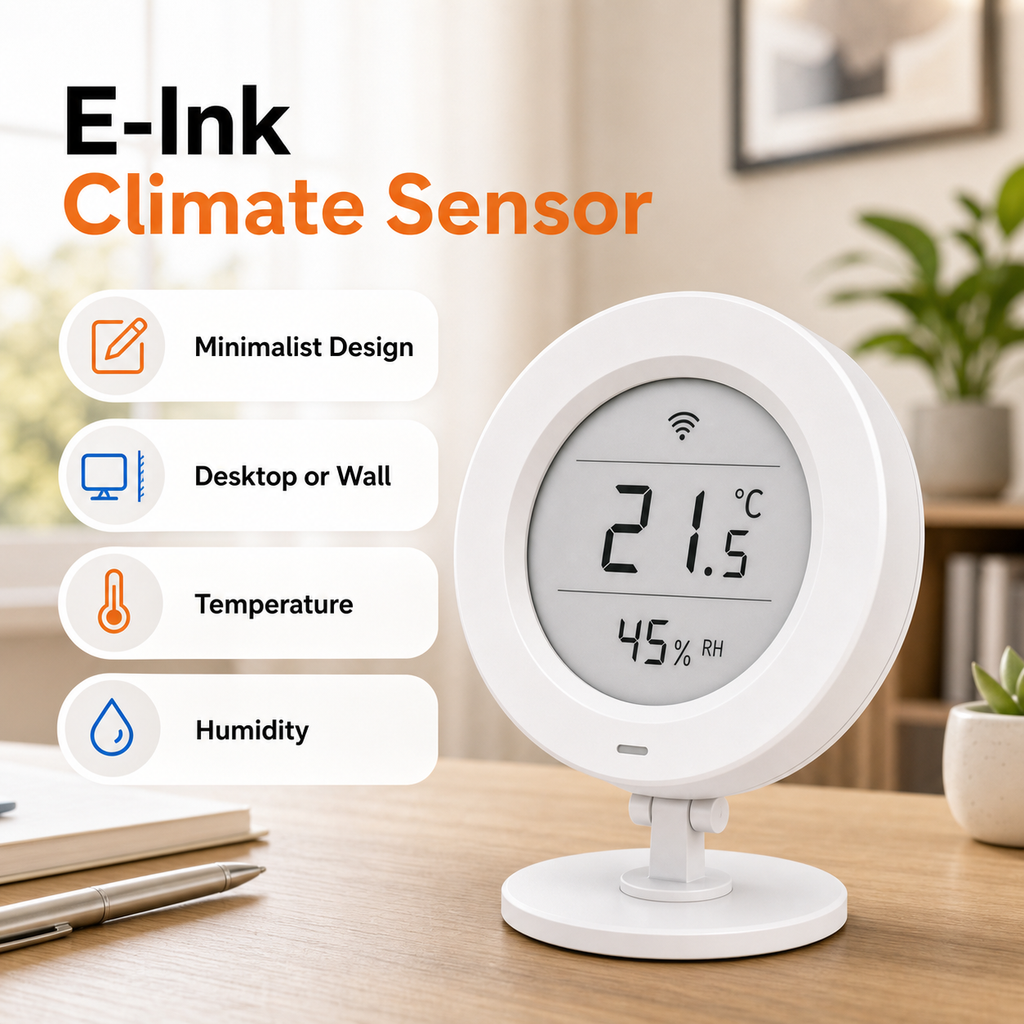 Model overview of white E-Ink climate sensor for desktop or wall placement