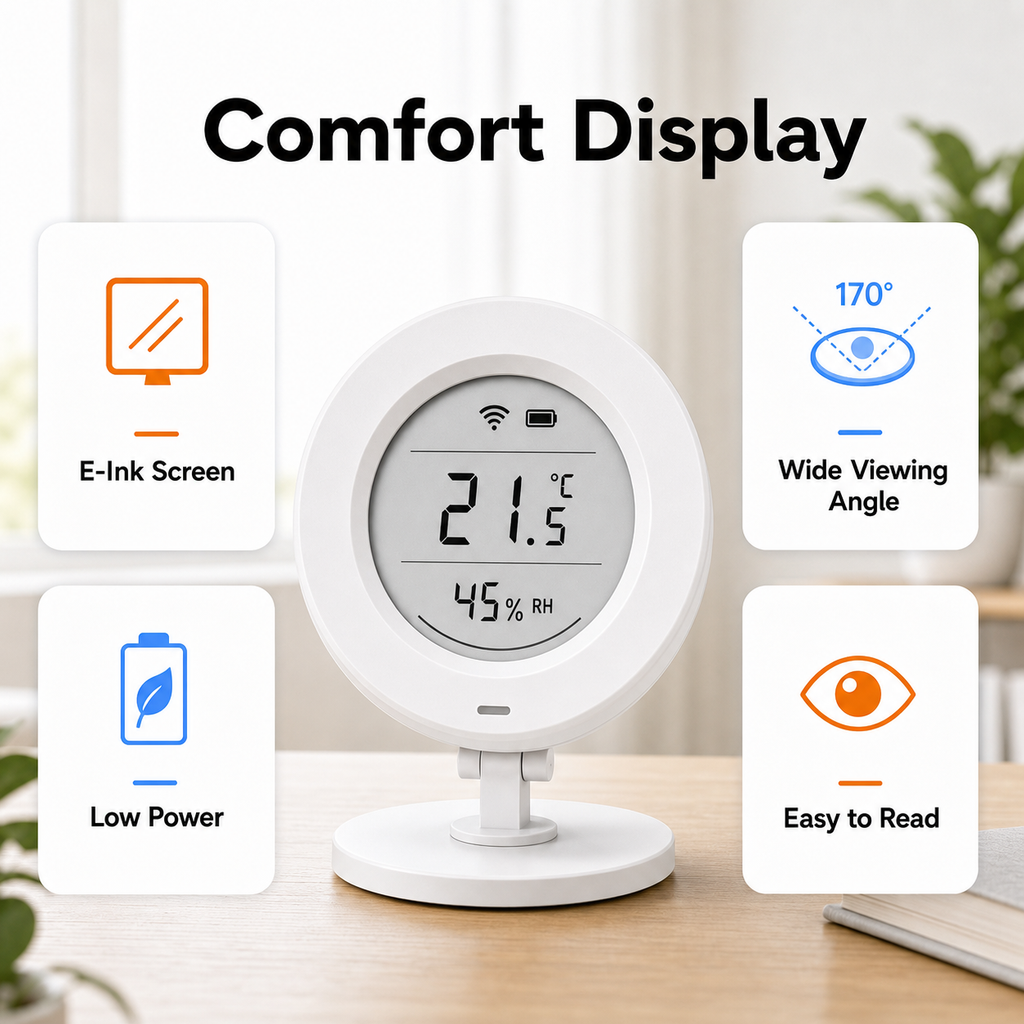 Comfort display features for E-Ink climate sensor with wide viewing and low power