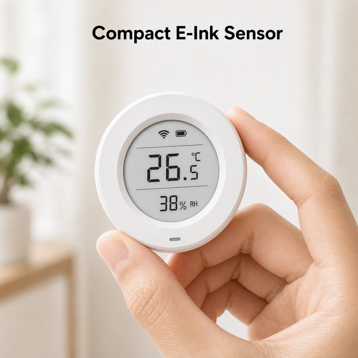 Compact close-up of white E-Ink temperature and humidity sensor held in hand