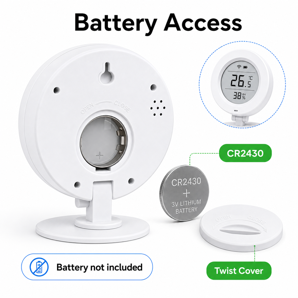 Battery access and CR2430 coin cell detail for E-Ink climate sensor
