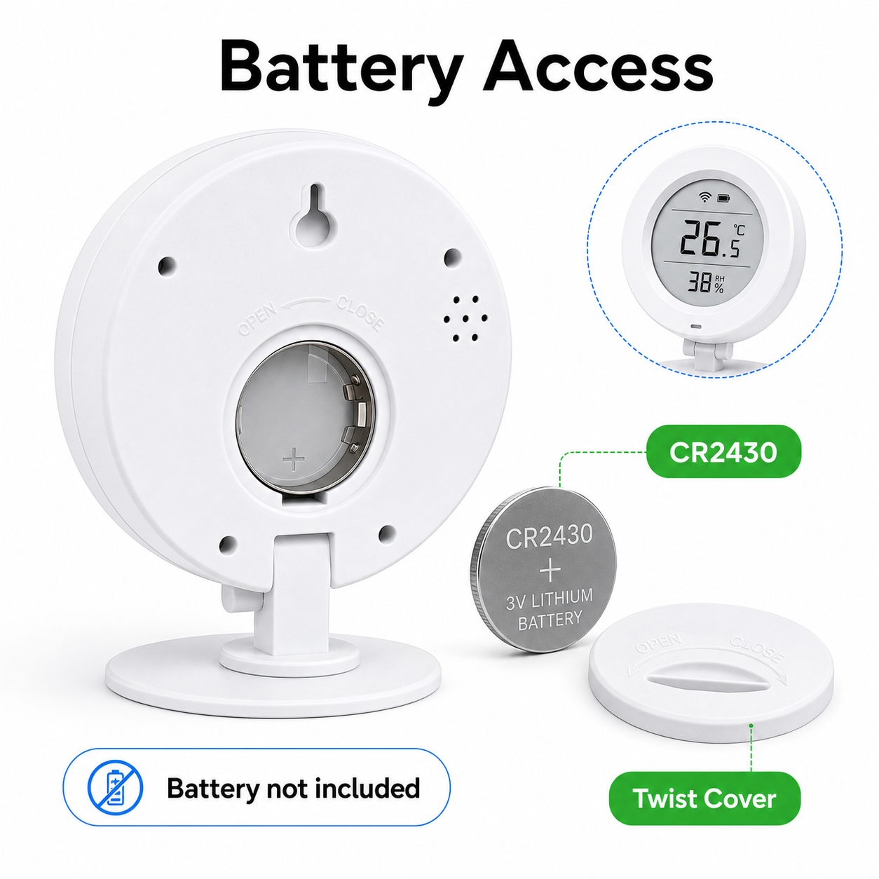 Battery access and CR2430 coin cell detail for E-Ink climate sensor