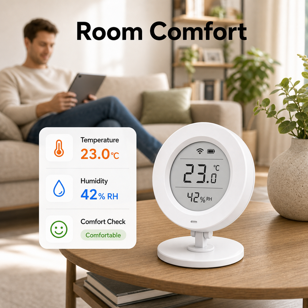 Room comfort lifestyle scene with E-Ink temperature and humidity sensor