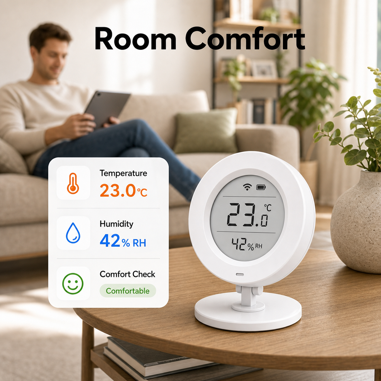 Room comfort lifestyle scene with E-Ink temperature and humidity sensor