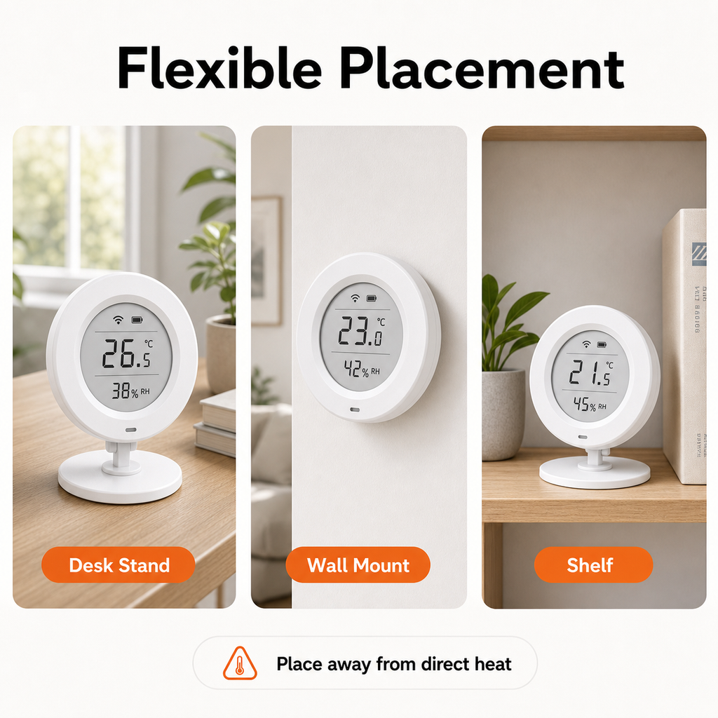 Flexible placement options for E-Ink climate sensor on desk wall or shelf