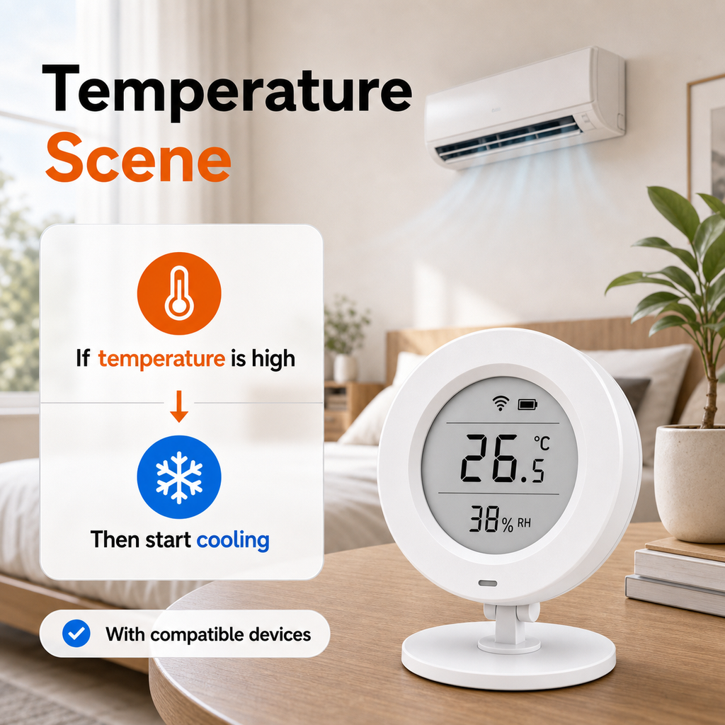 Temperature automation scene with E-Ink climate sensor and compatible cooling device
