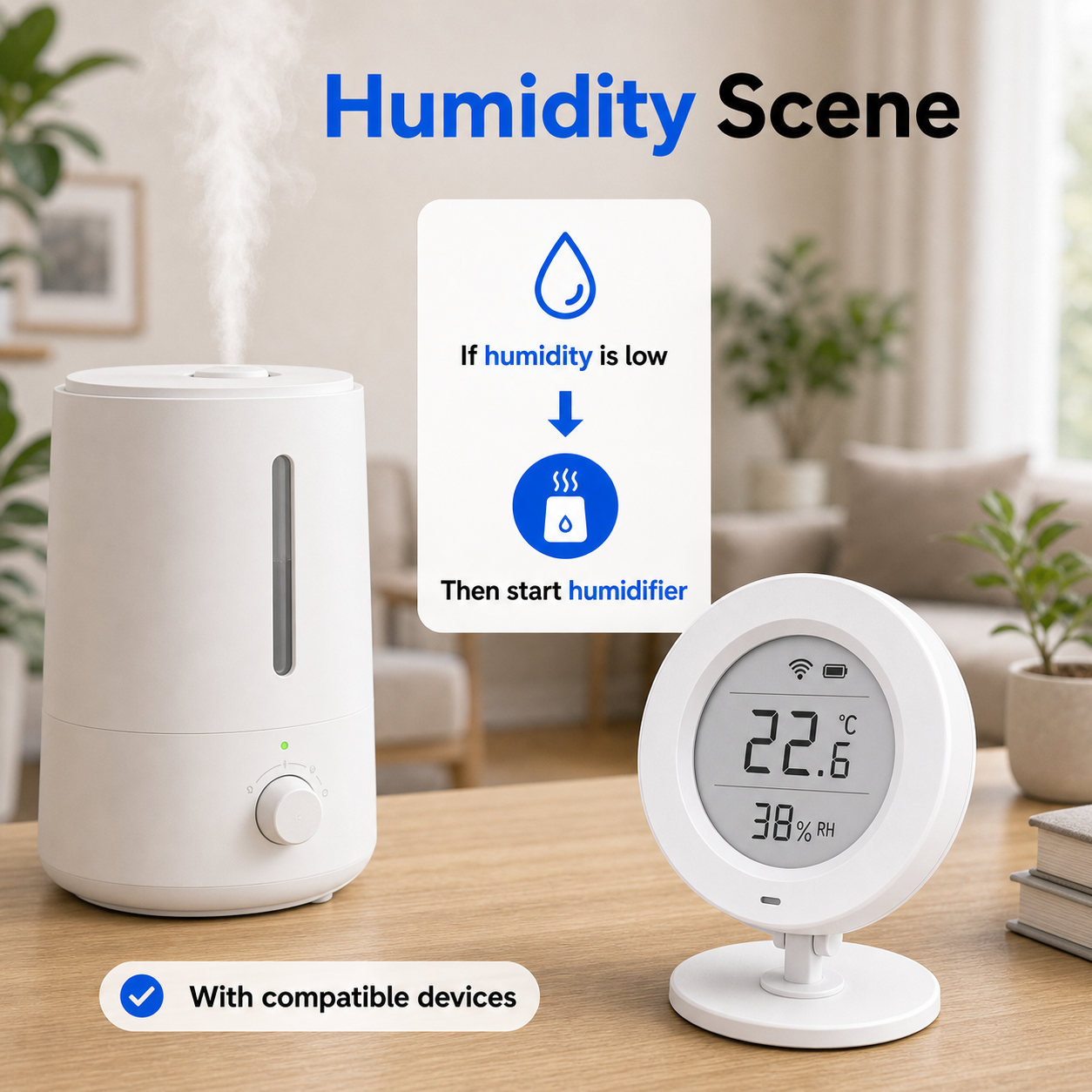 Humidity automation scene with E-Ink climate sensor and compatible humidifier