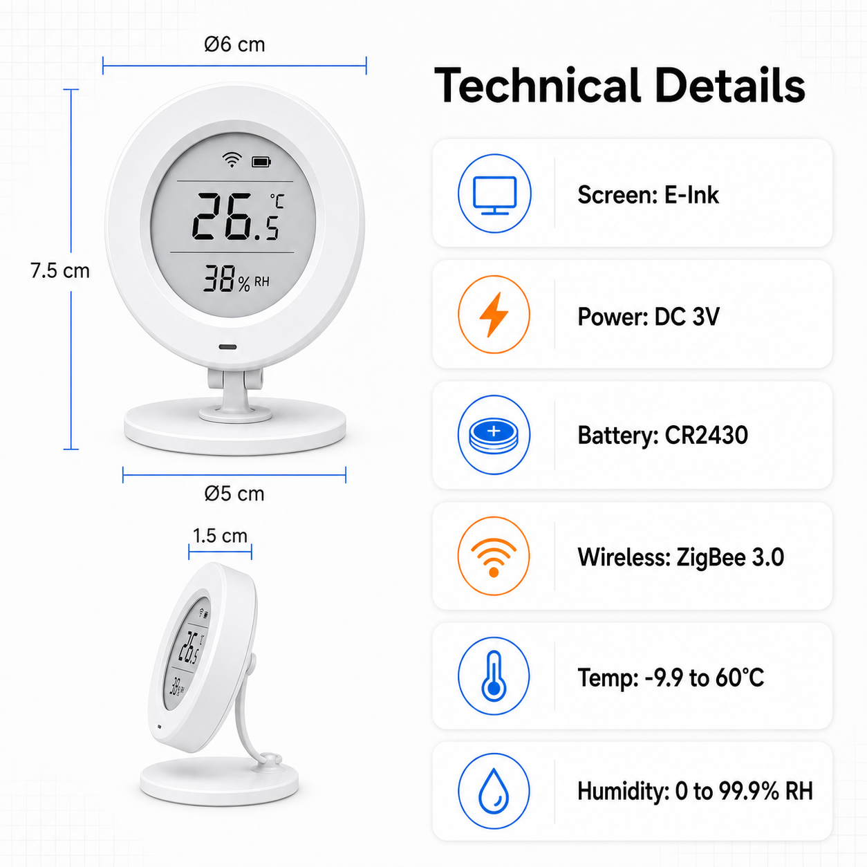 Technical details for E-Ink ZigBee temperature and humidity sensor