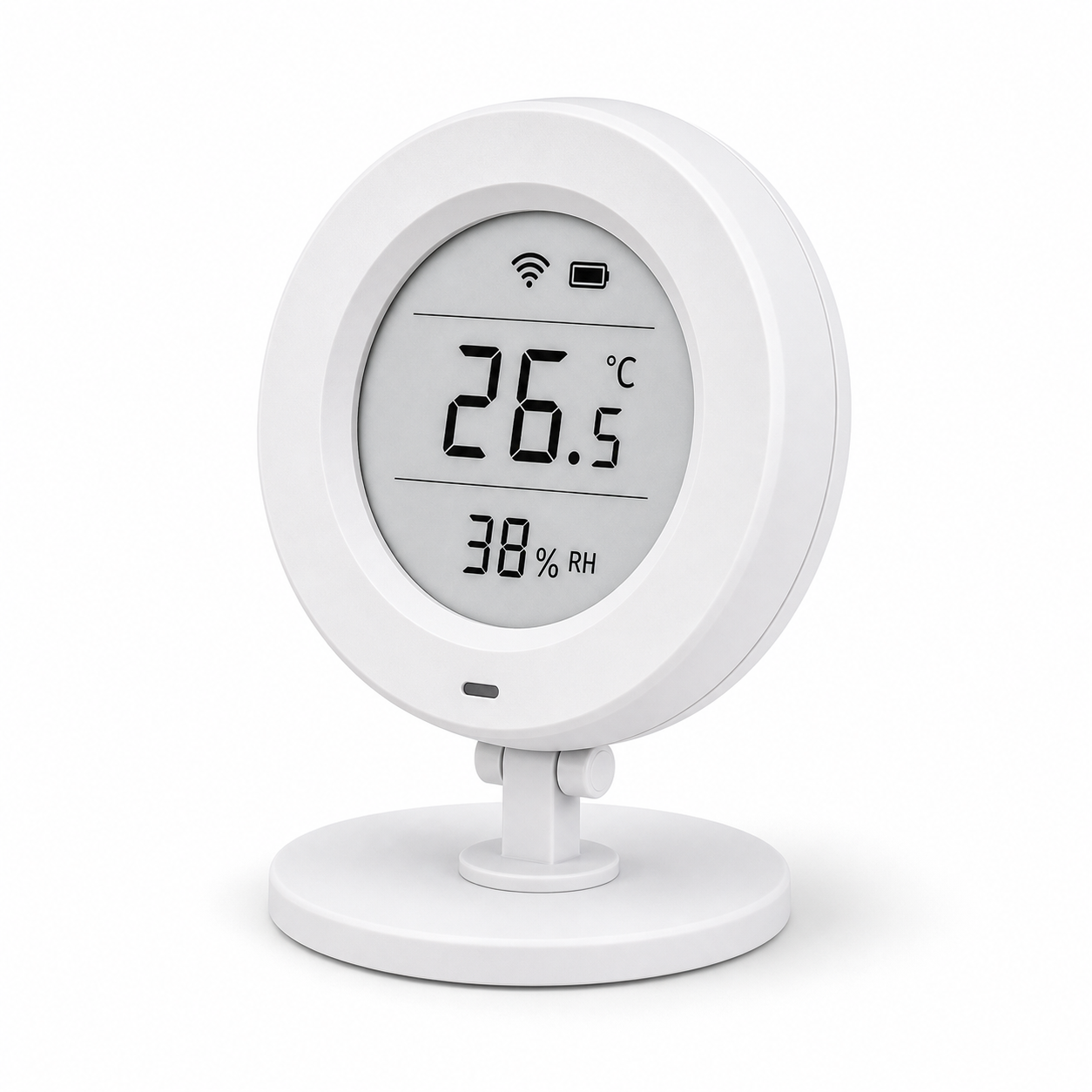 Front packshot of white E-Ink temperature and humidity sensor on stand