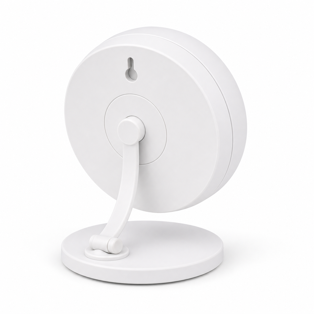 Rear stand packshot of white E-Ink climate sensor showing back cover and support