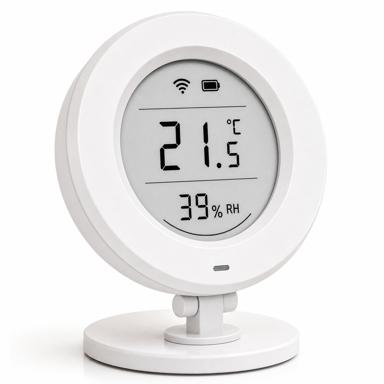 Close-up display packshot of white E-Ink temperature and humidity sensor