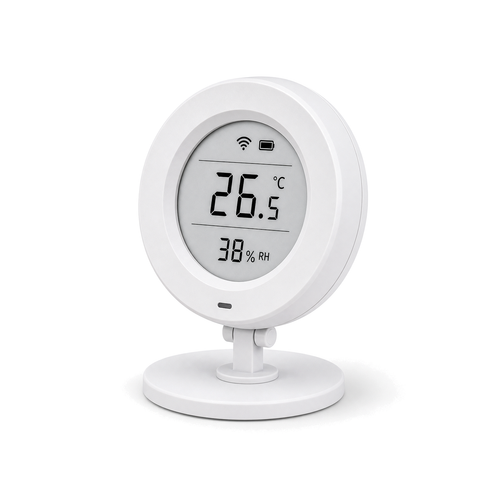 Capteur température humidité e-ink NéoClimate ZigBee face sur socle fond blanc
