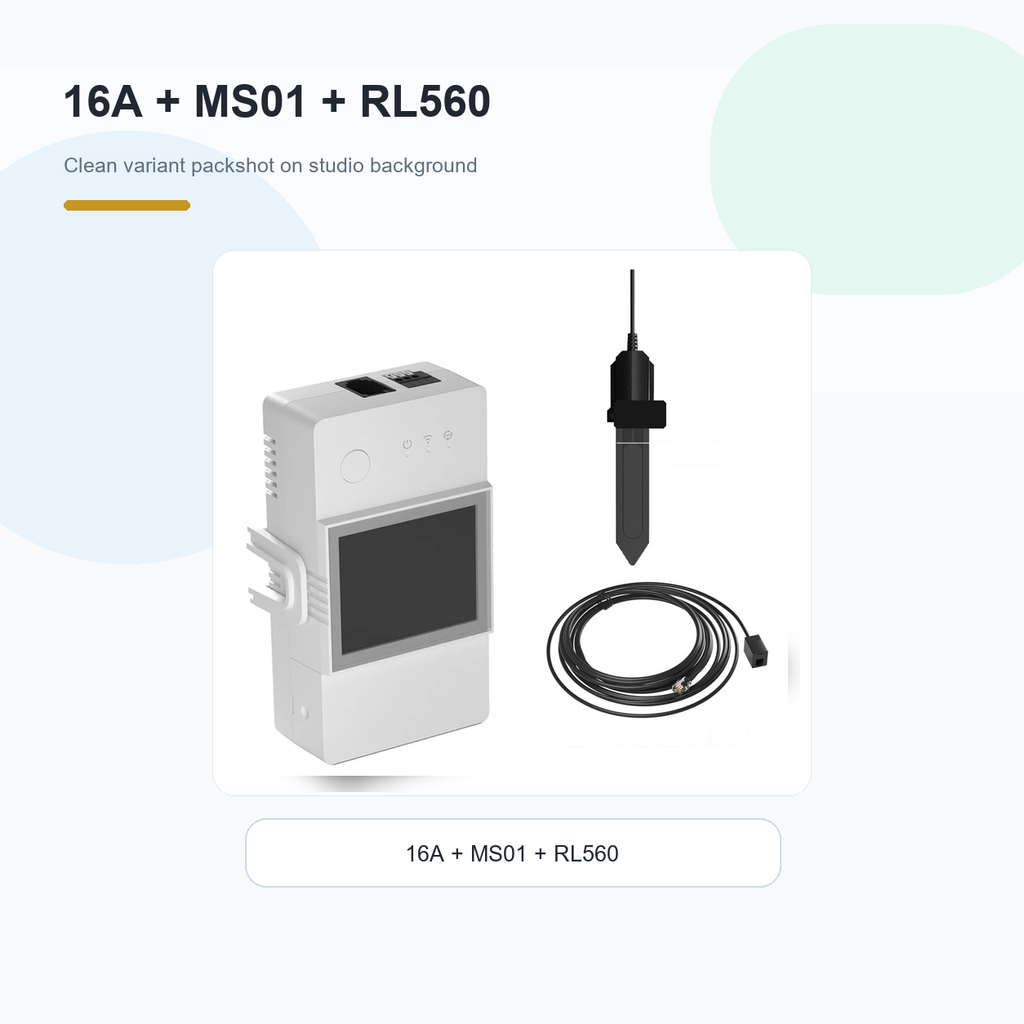 Studio packshot of NéoClimate LCD Pro 16A module with MS01 soil sensor and RL560 cable
