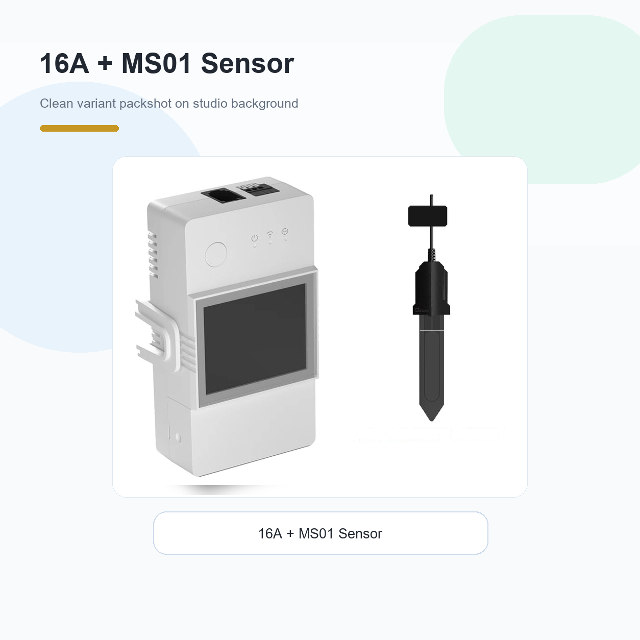 Studio packshot of NéoClimate LCD Pro 16A module with MS01 soil moisture sensor