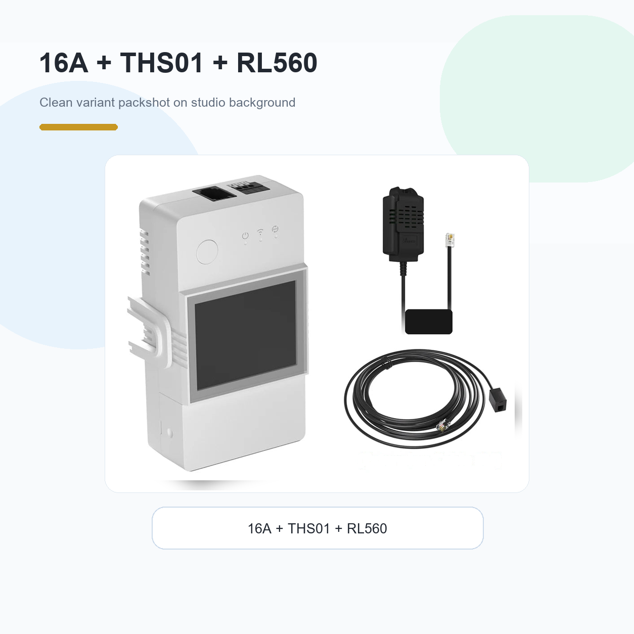 Studio packshot of NéoClimate LCD Pro 16A module with THS01 sensor and RL560 cable