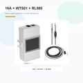 Studio packshot of NéoClimate LCD Pro 16A module with WTS01 waterproof sensor and RL560 cable