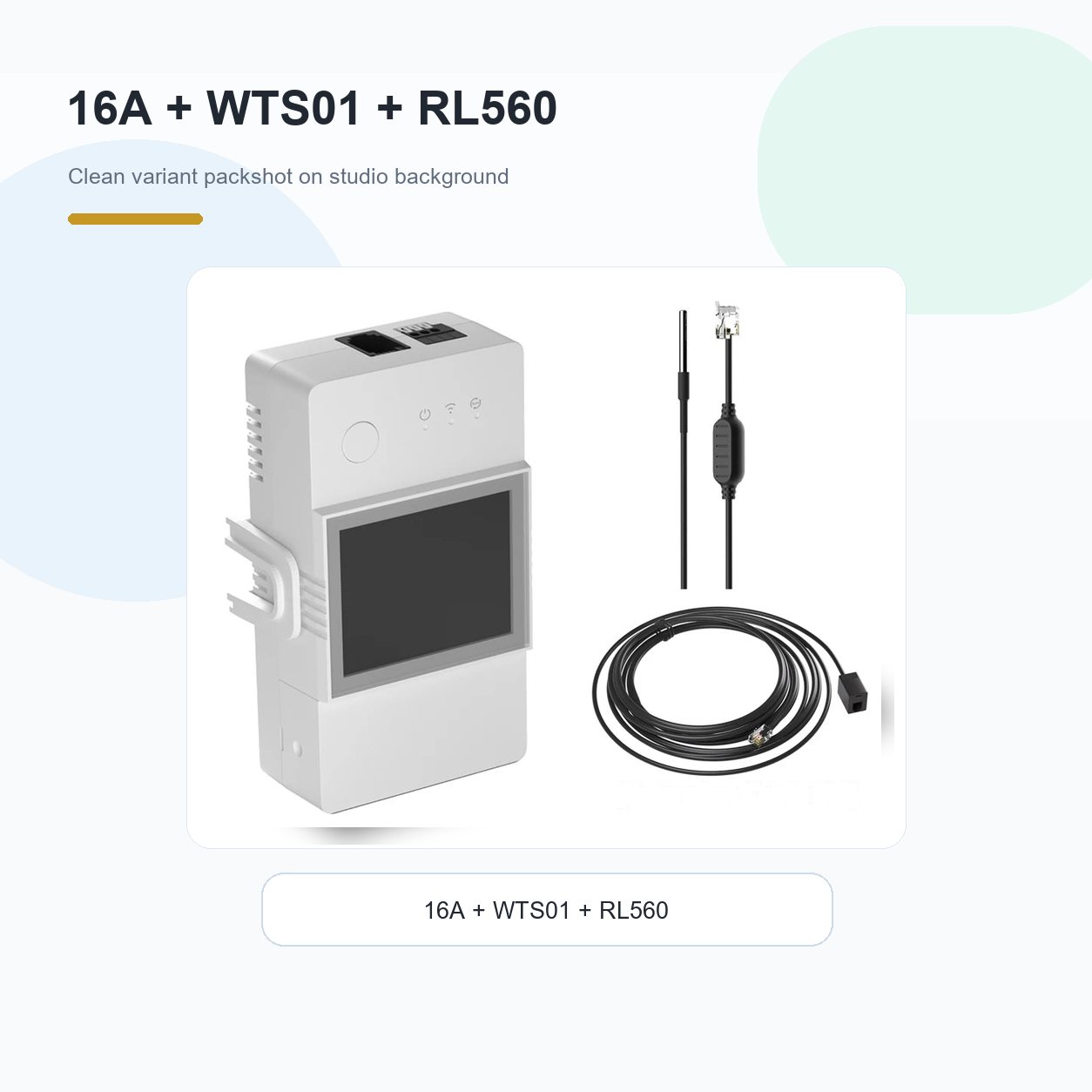 Studio packshot of NéoClimate LCD Pro 16A module with WTS01 waterproof sensor and RL560 cable