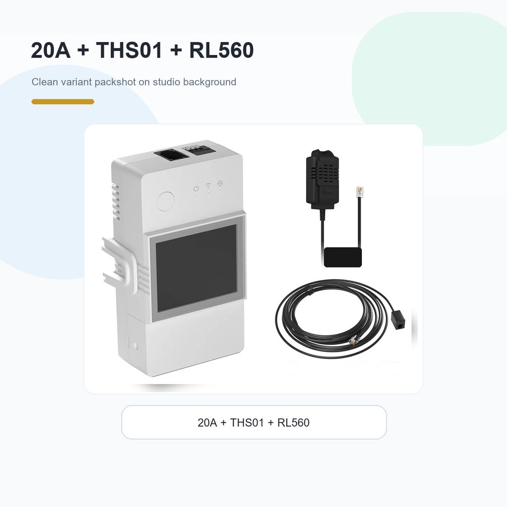 Studio packshot of NéoClimate LCD Pro 20A module with THS01 sensor and RL560 cable