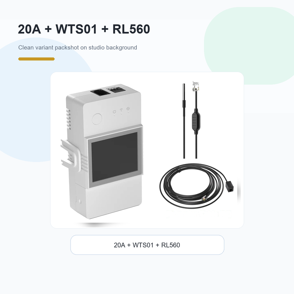 Studio packshot of NéoClimate LCD Pro 20A module with WTS01 waterproof sensor and RL560 cable