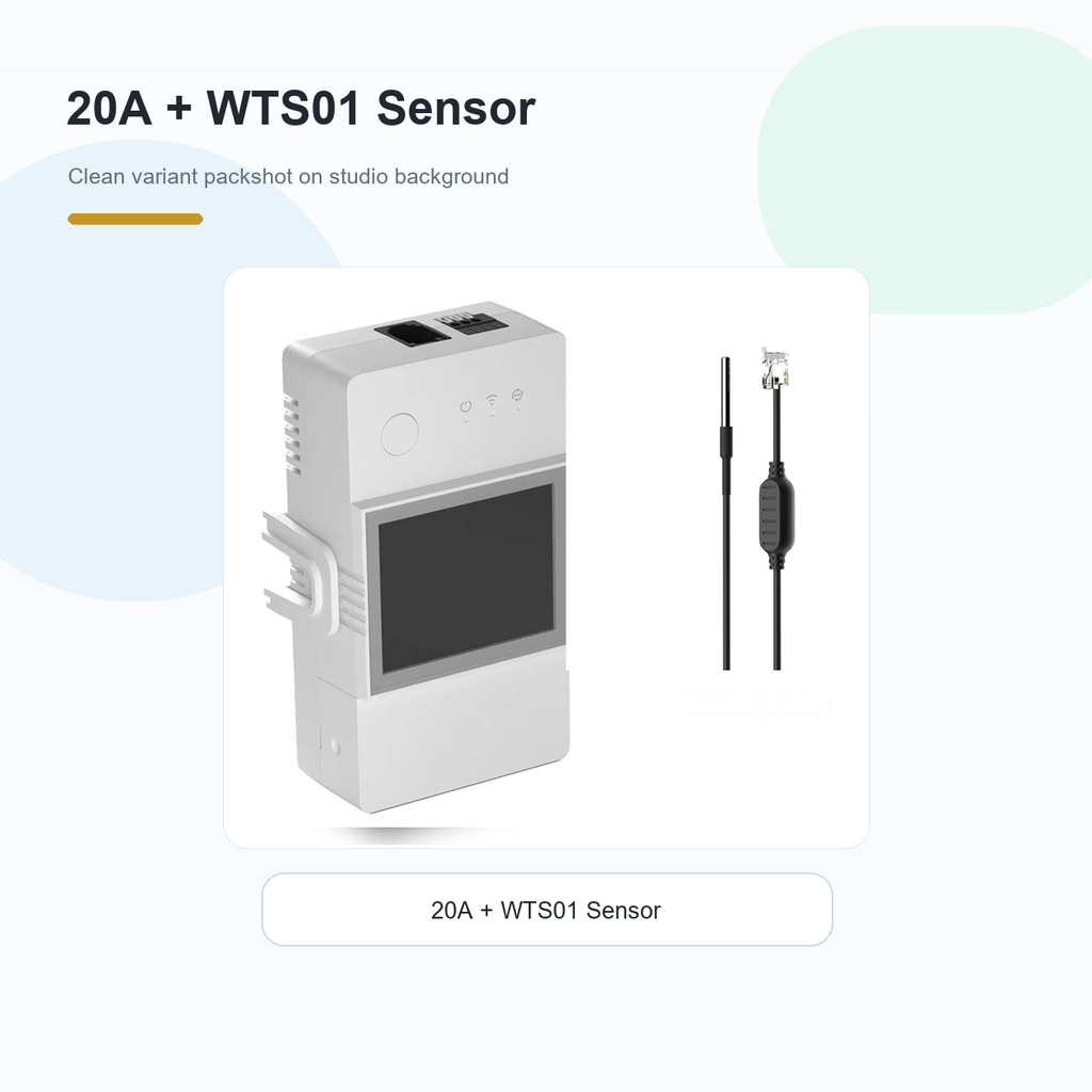 Studio packshot of NéoClimate LCD Pro 20A module with WTS01 waterproof sensor