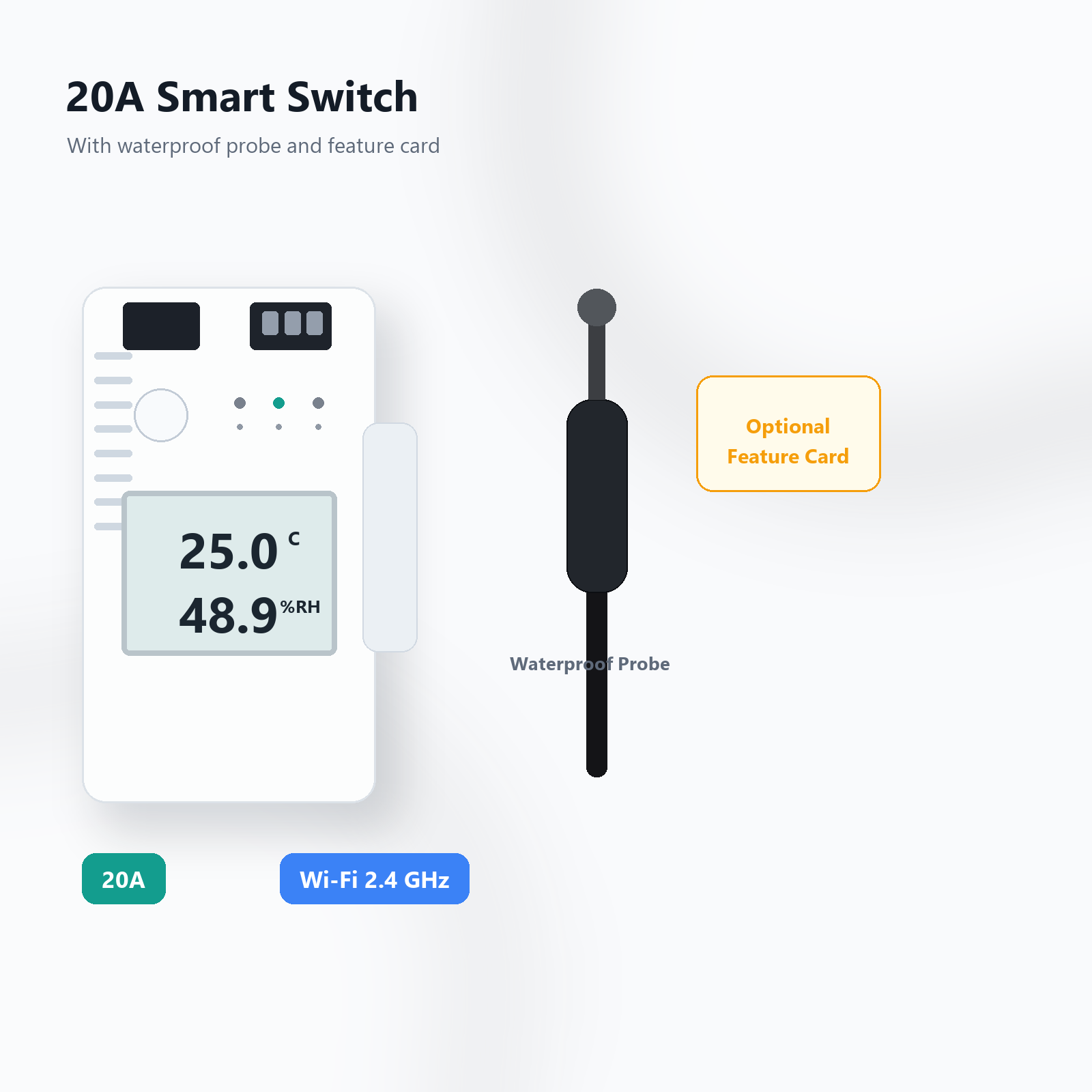 Studio packshot of 20A Wi-Fi LCD switch with waterproof probe and optional feature card
