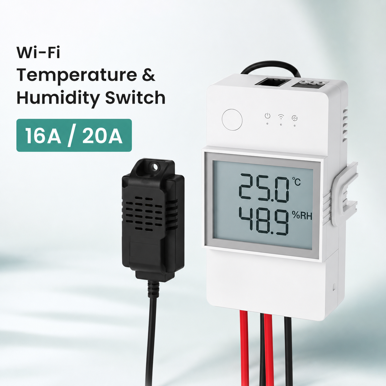 Studio hero image of a Wi-Fi temperature and humidity LCD smart switch module with sensor