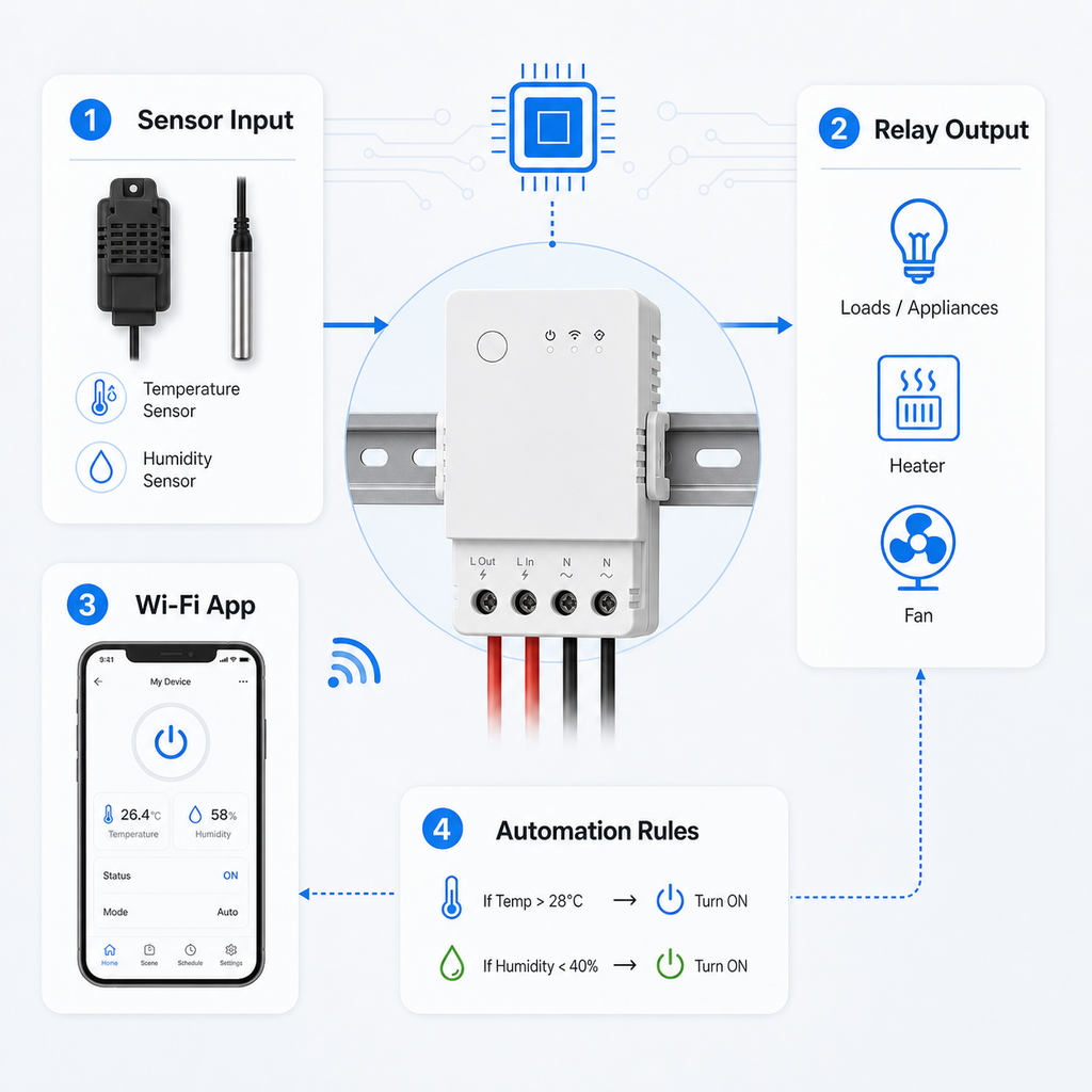 Control architecture diagram for sensor input relay output and app automation