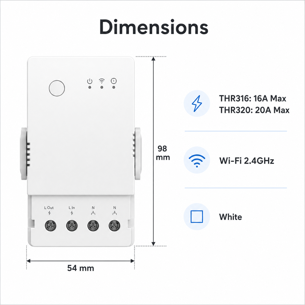 Dimensions and specifications for THR316 and THR320 relay module