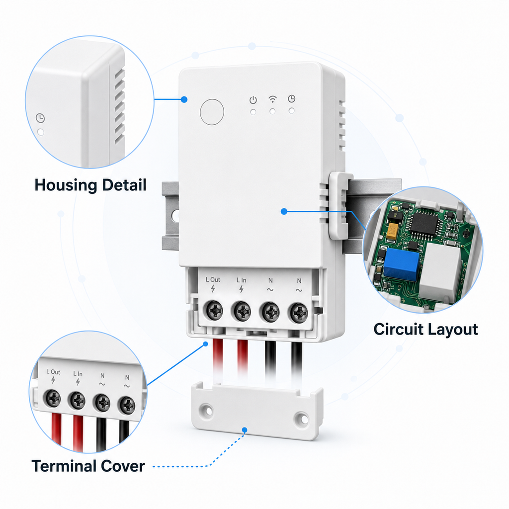 Housing circuit layout and terminal cover detail for relay module